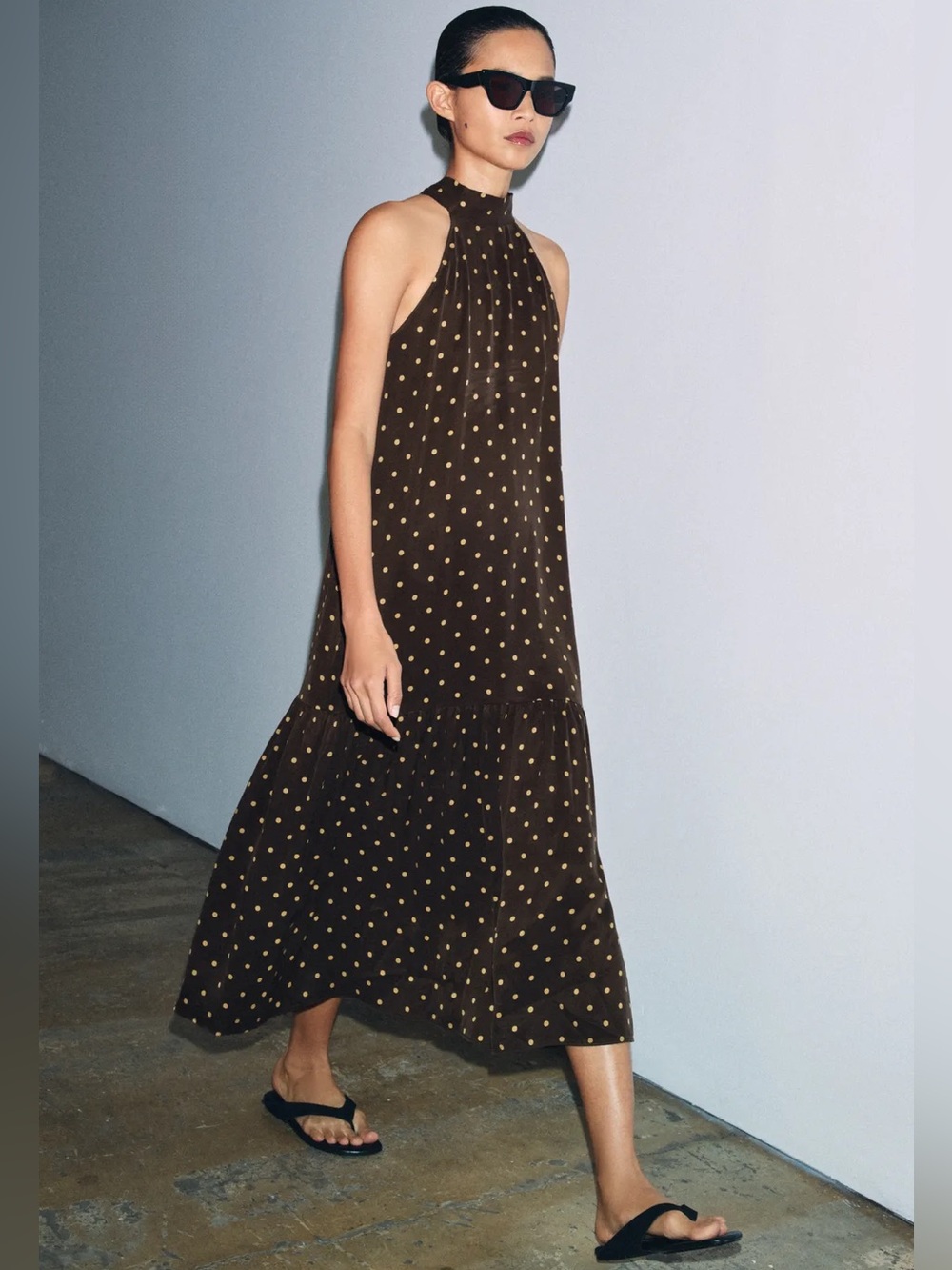 Zara Halter Polka Dot Dress Open Shoulders Brown Ecru Lyocell Small 4437/042/087